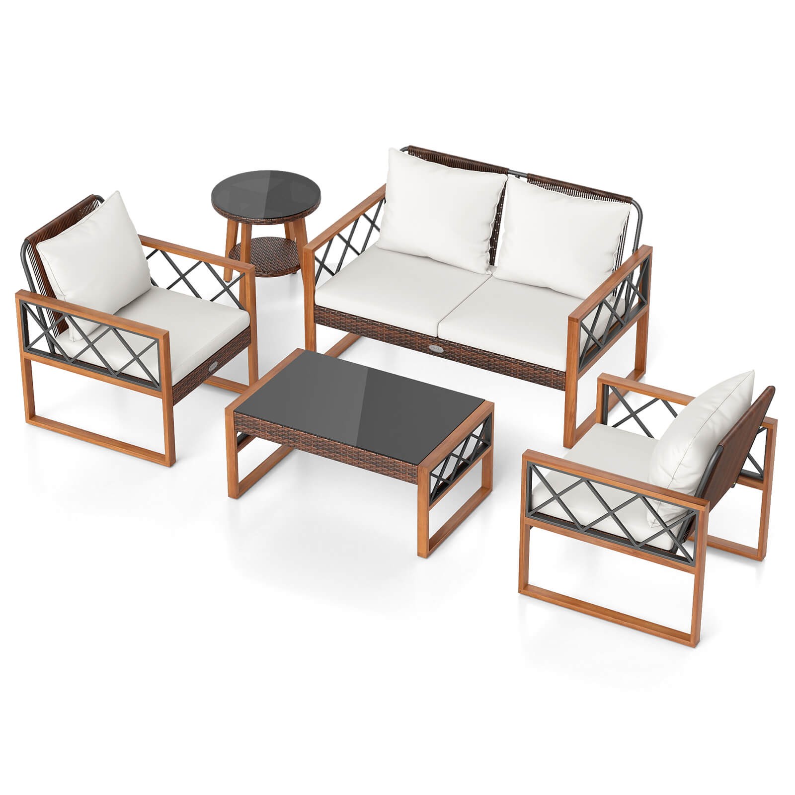 5 PCS PE Wicker Patio Furniture Set w/Acacia Wood Frame Cushions for Deck Garden