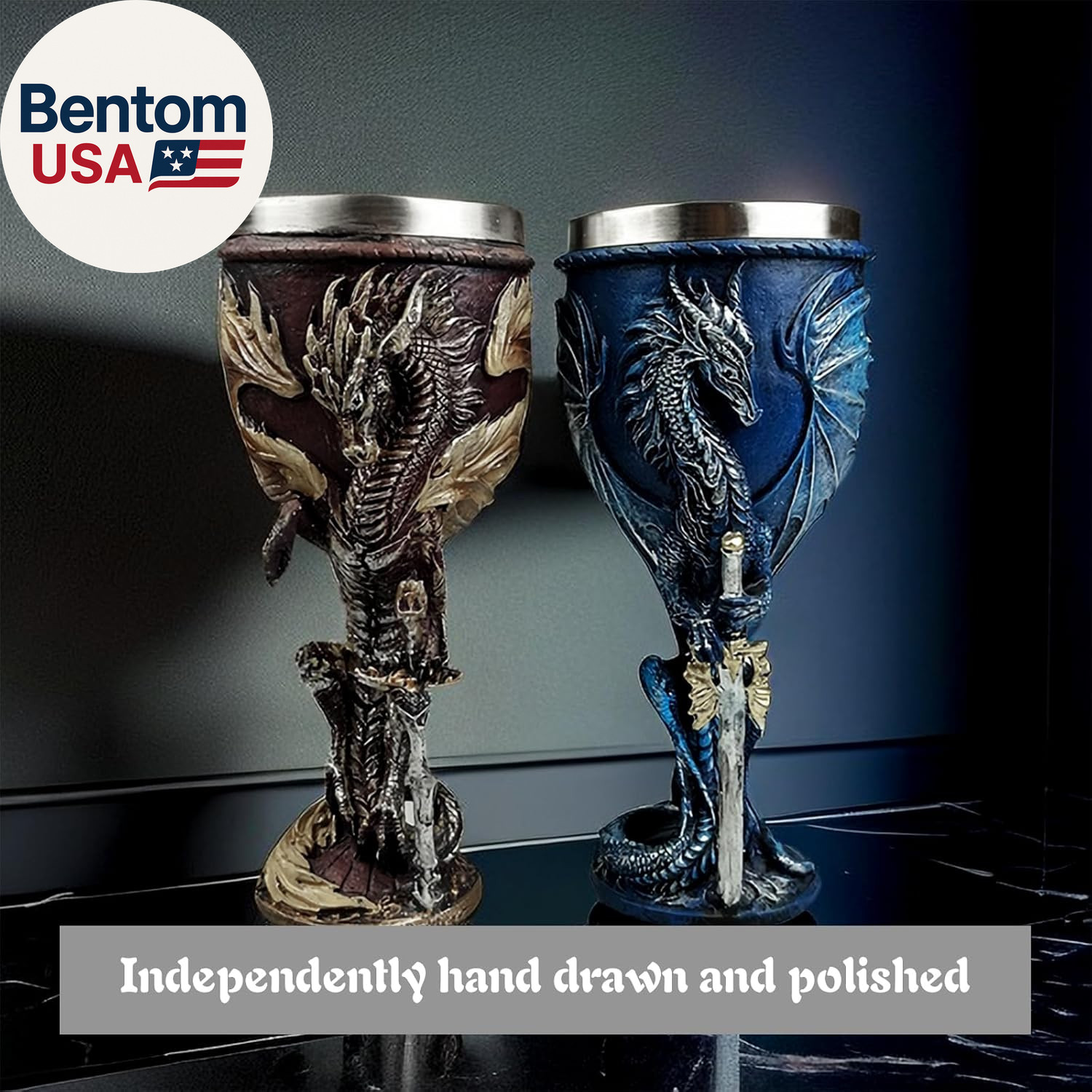 Medieval Flame Dragon Wine Goblet,Goblet Resin Wine Cup with Stainless Steel Lin