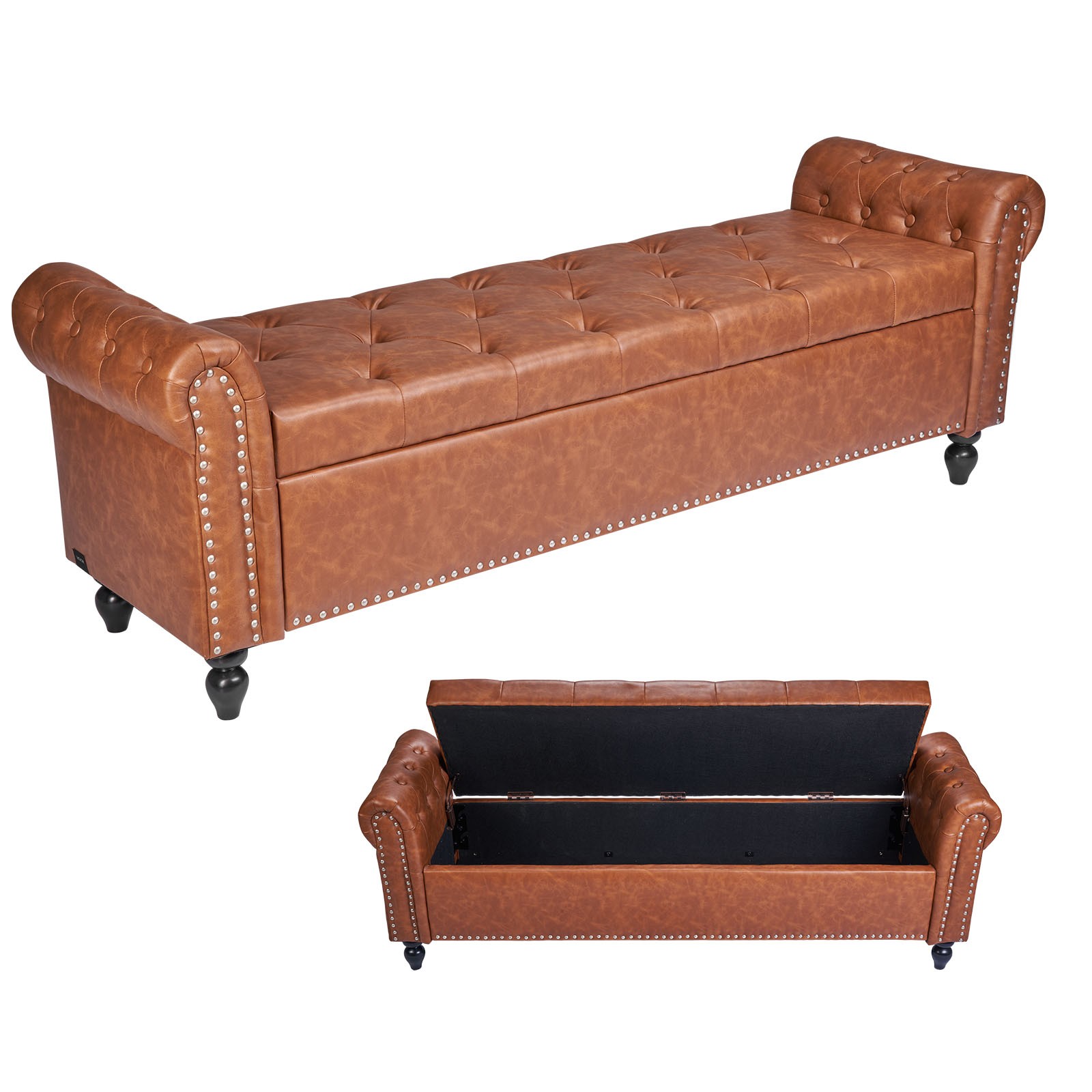 Uimoso Button-Tufted Storage Ottoman Bench Rolled Arm PU Leather Wood Legs Brown