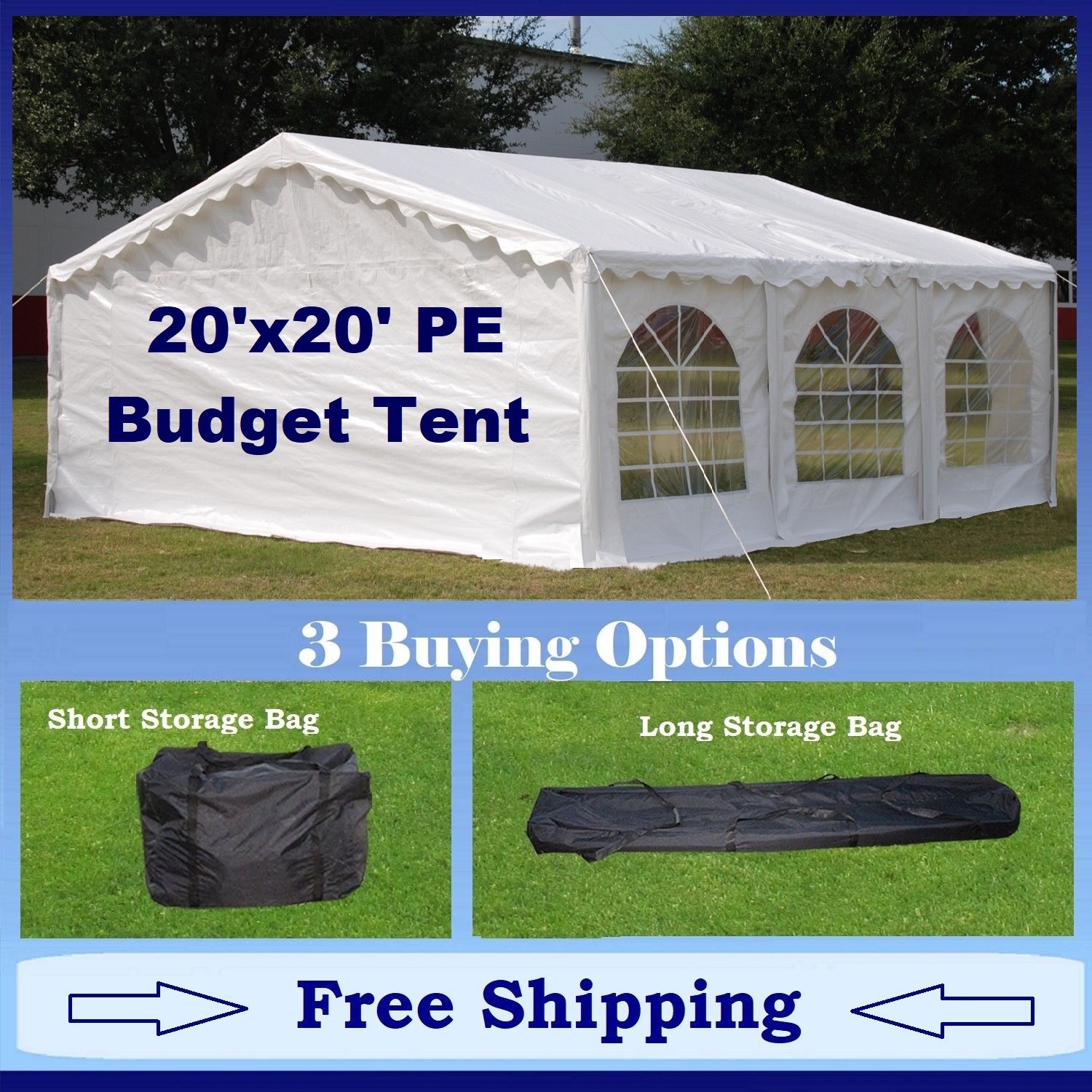 Budget PE Party Canopy - 3 Options - 20'x20' Tent, Short Bag, and Long Bag