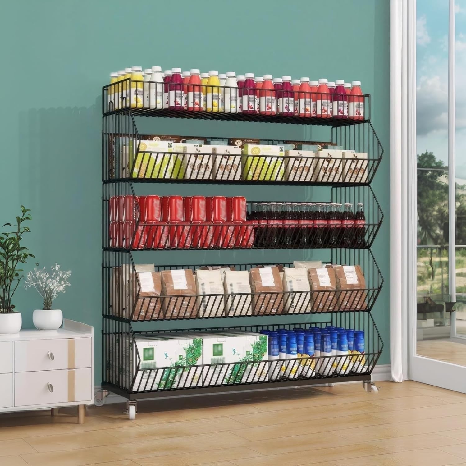 Retail Display Market Shelf Large 5 Layer Potato Chip Displays Stand w/ Wheels