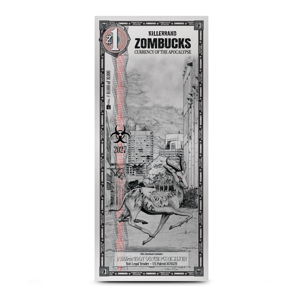2027 ZOMBUCKS WORLD 1/1000 oz .999 SILVER NOTE ~ KILLERRAND ~
