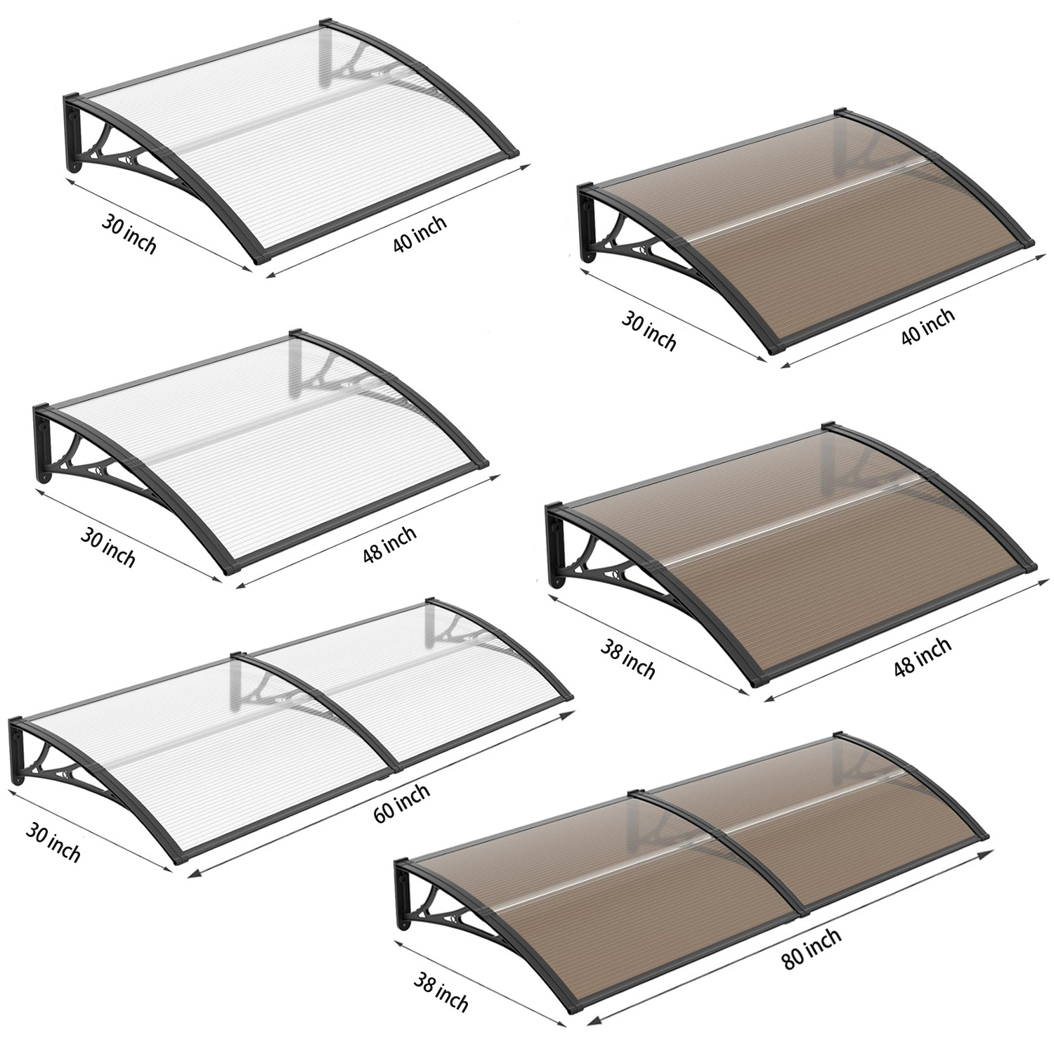 32/40/48/60/80" Window Awning Front Door Eaves Canopy Polycarbonate Roof Cover