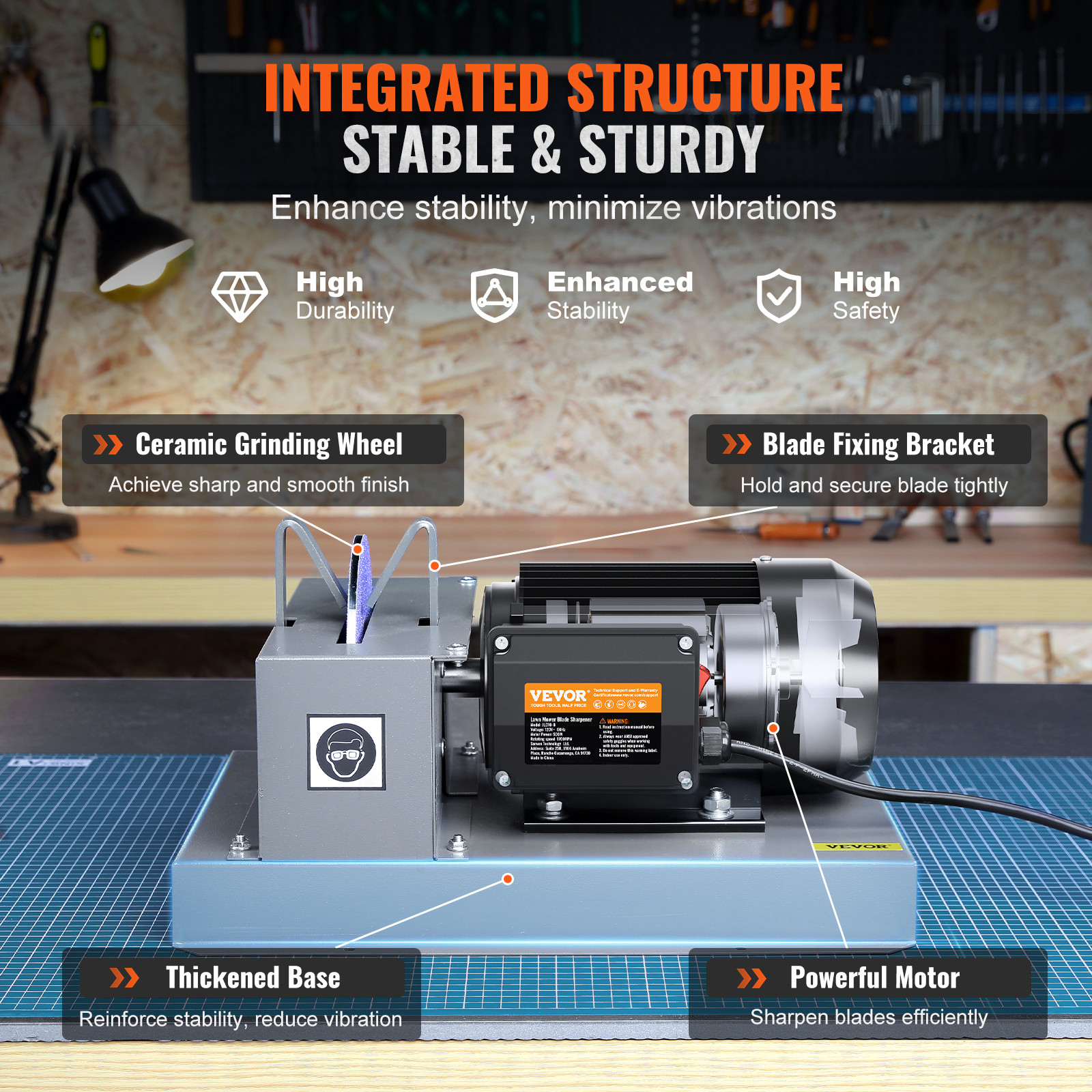 VEVOR Lawn Mower Blade Sharpener 2/3HP 500W with 7-inch Ceramic Grinding Wheel