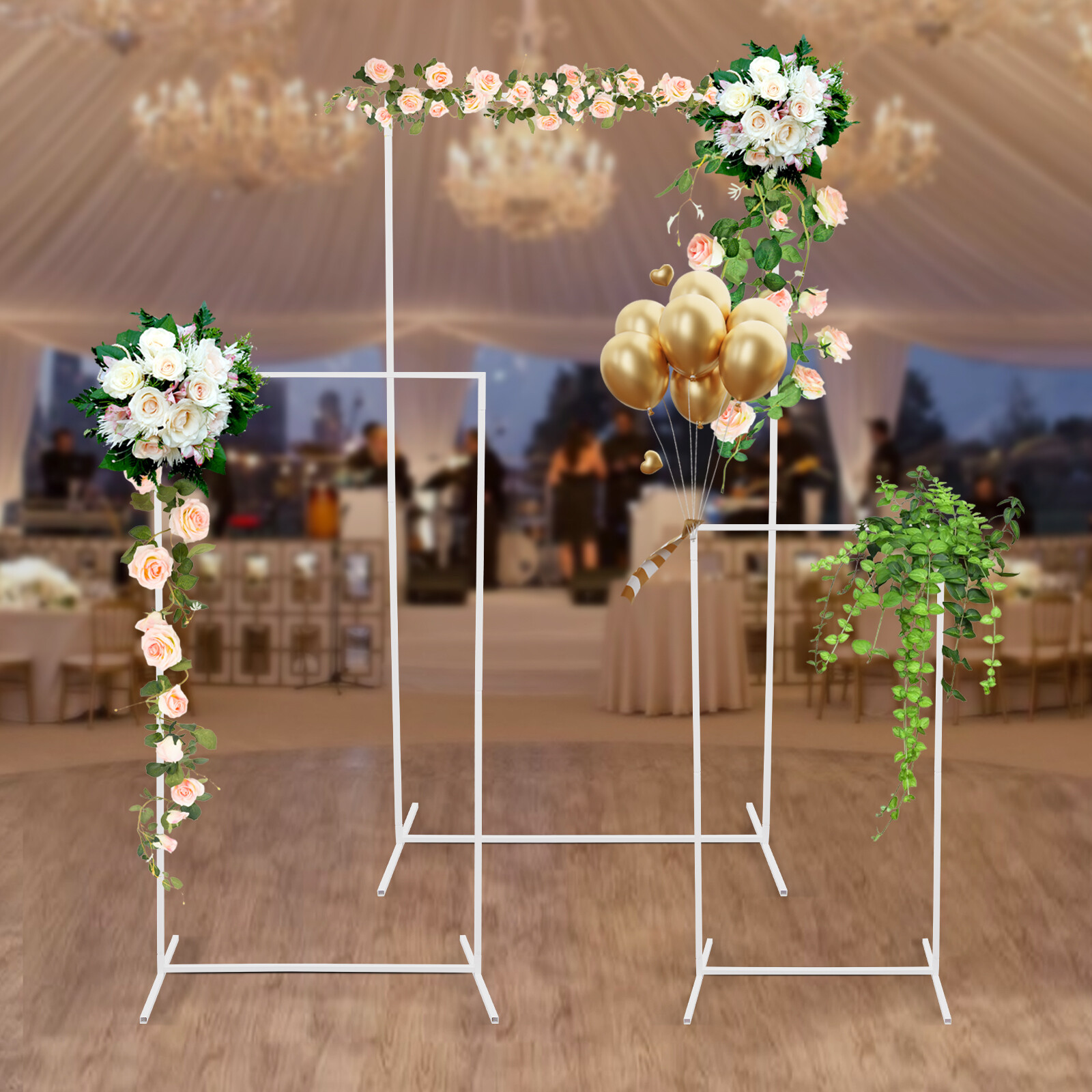 3 Packs Wedding Flower Arch Backdrop Stand Square Balloon Photo Stand Gold/White