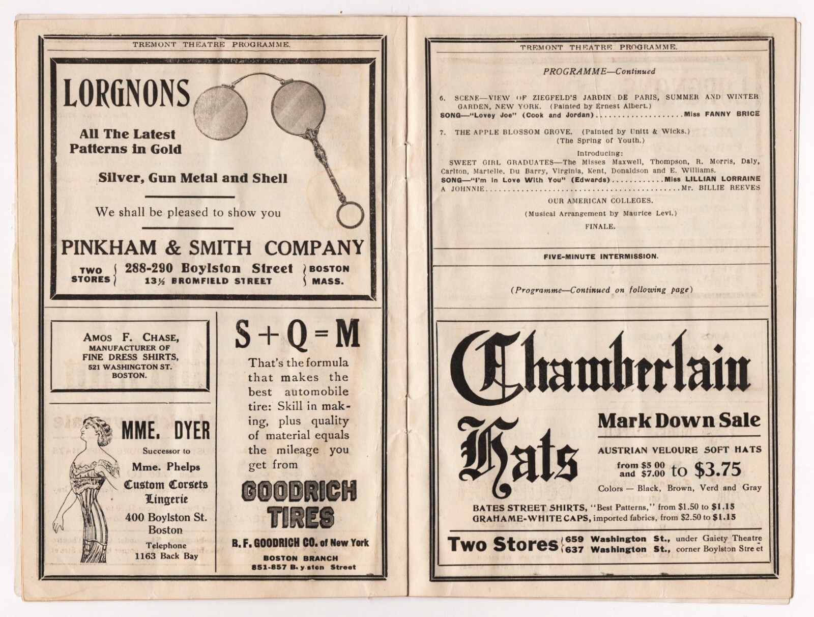 Fanny Brice (Debut) "ZIEGFELD FOLLIES of 1910" Bert Williams 1911 Boston Program