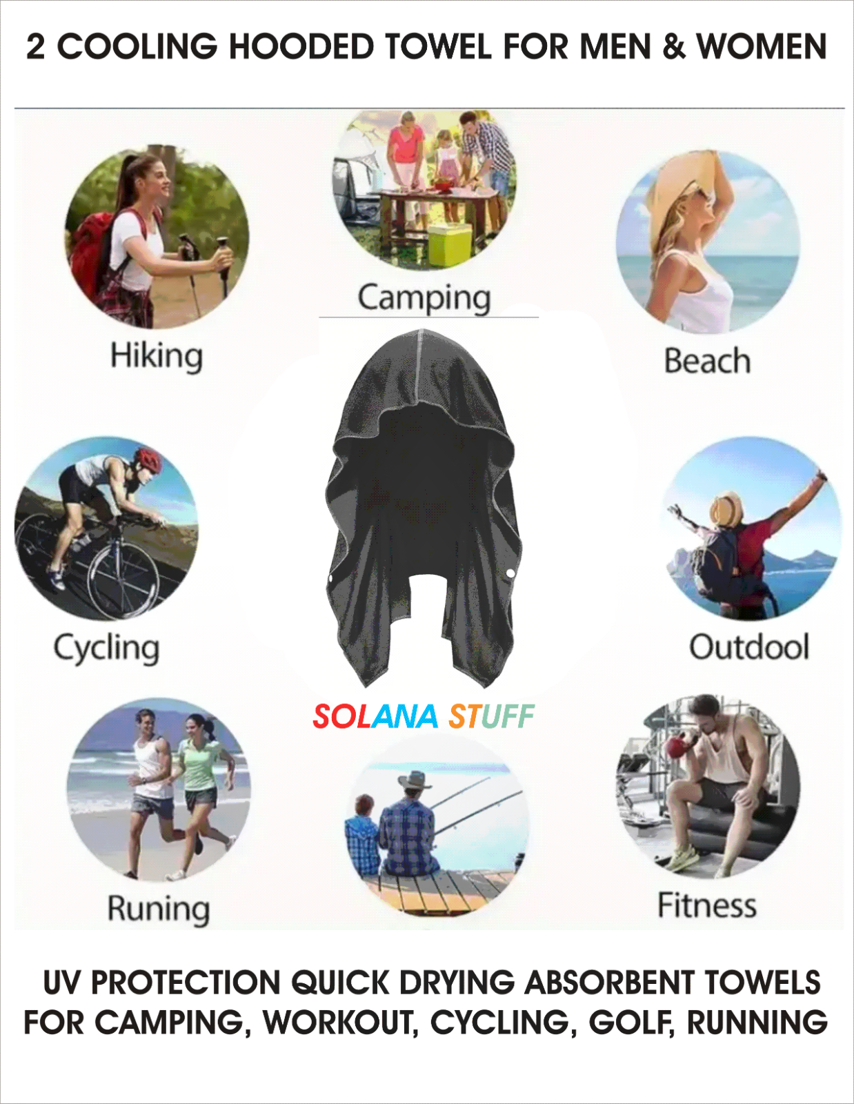 2 Cooling Hoodie Towel, Quick Dry Breathable Neck Wraps Microfiber Black