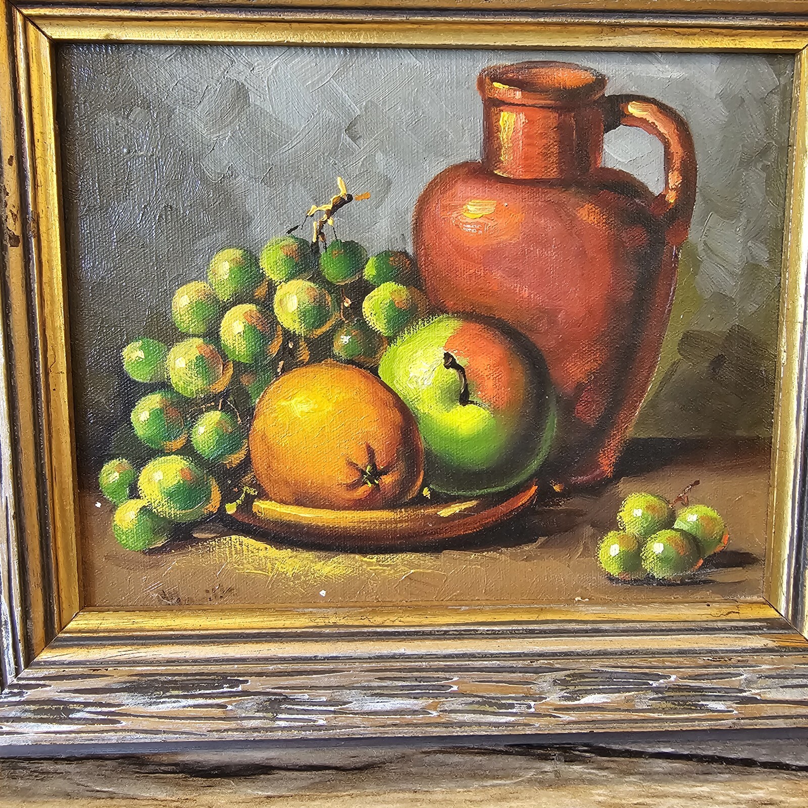 Vintage Still Life Fruit Bowl Oil Painting Apple Canvas Wood Frame Midcentury