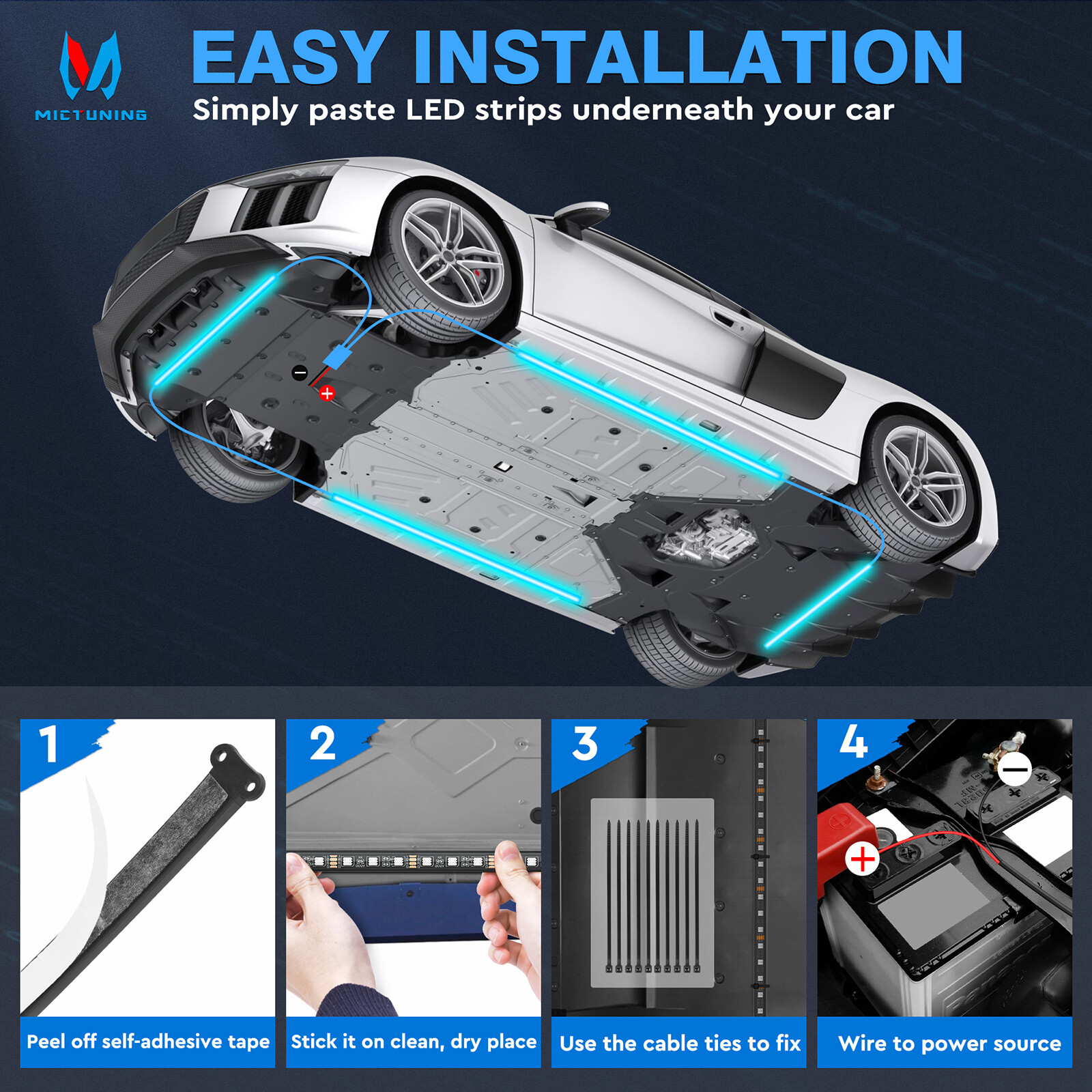 MICTUNING RGB LED Strip Under Car Tube Underglow Underbody System Neon Light Kit