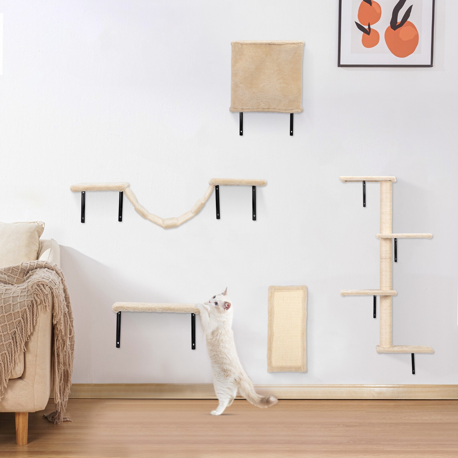 COZIWOW 5 Pcs Wall-Mounted Cat Climber Set Wood Indoor Cat Furniture Cat Shelves