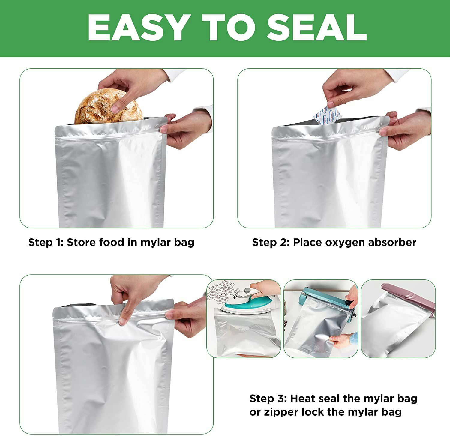 40PCS Mylar Bag for Food Storage With Oxygen Absorbers Label Resealable 1 Gallon