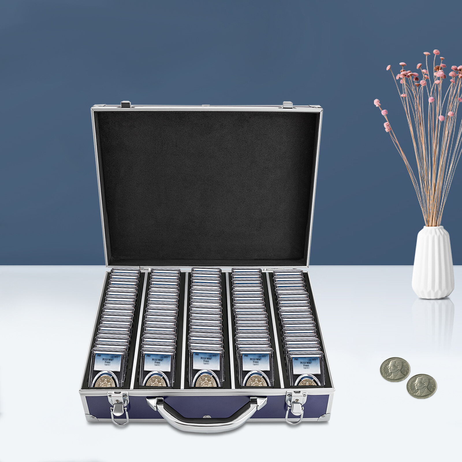 100 Graded Certified Coin Slab Aluminum Blue Storage Travel Box Protector Case