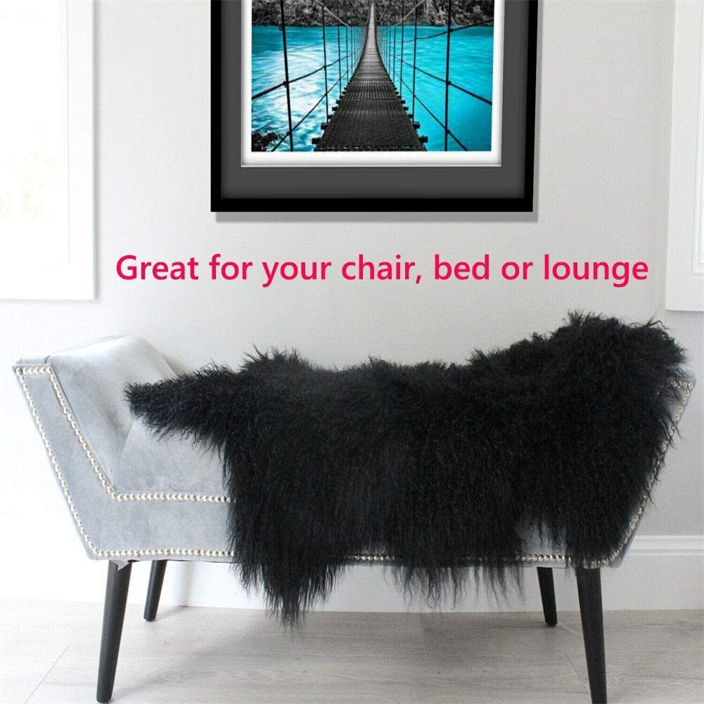 BLACK MONGOLIAN TIBETAN SHEEPSKIN RUG THROW LAMBSKIN FUR HIDE PELT CURLY HAIR