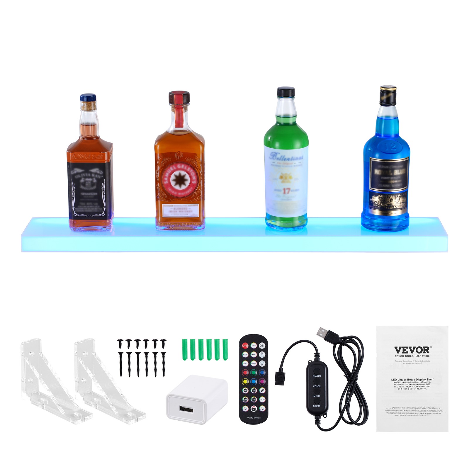 VEVOR Wall Mounted LED Lighted Liquor Bottle Display Home Bar Shelf 30" 1-Step