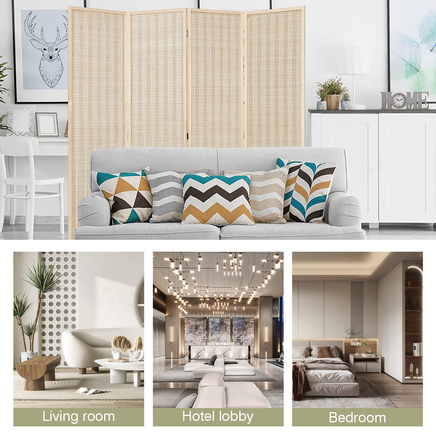 6 Panel Bamboo Room Divider, Folding Privacy Wall Divider Freestanding Partition