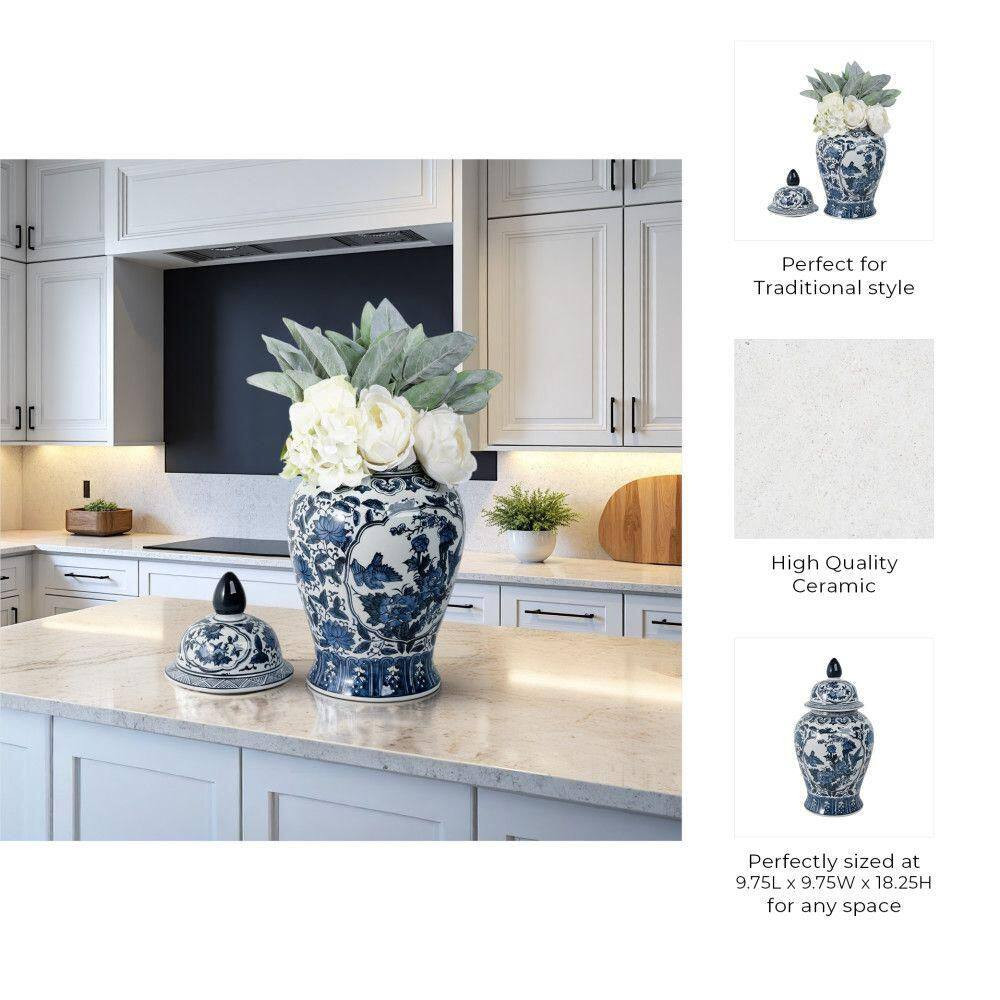 18.25 In. Blue Ceramic Chinoiserie Floral Decorative Jar
