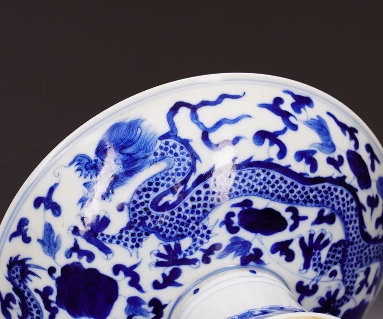 7.6'' Kangxi Marked Blue white Porcelain dragon loong beast Tray Dish Plate