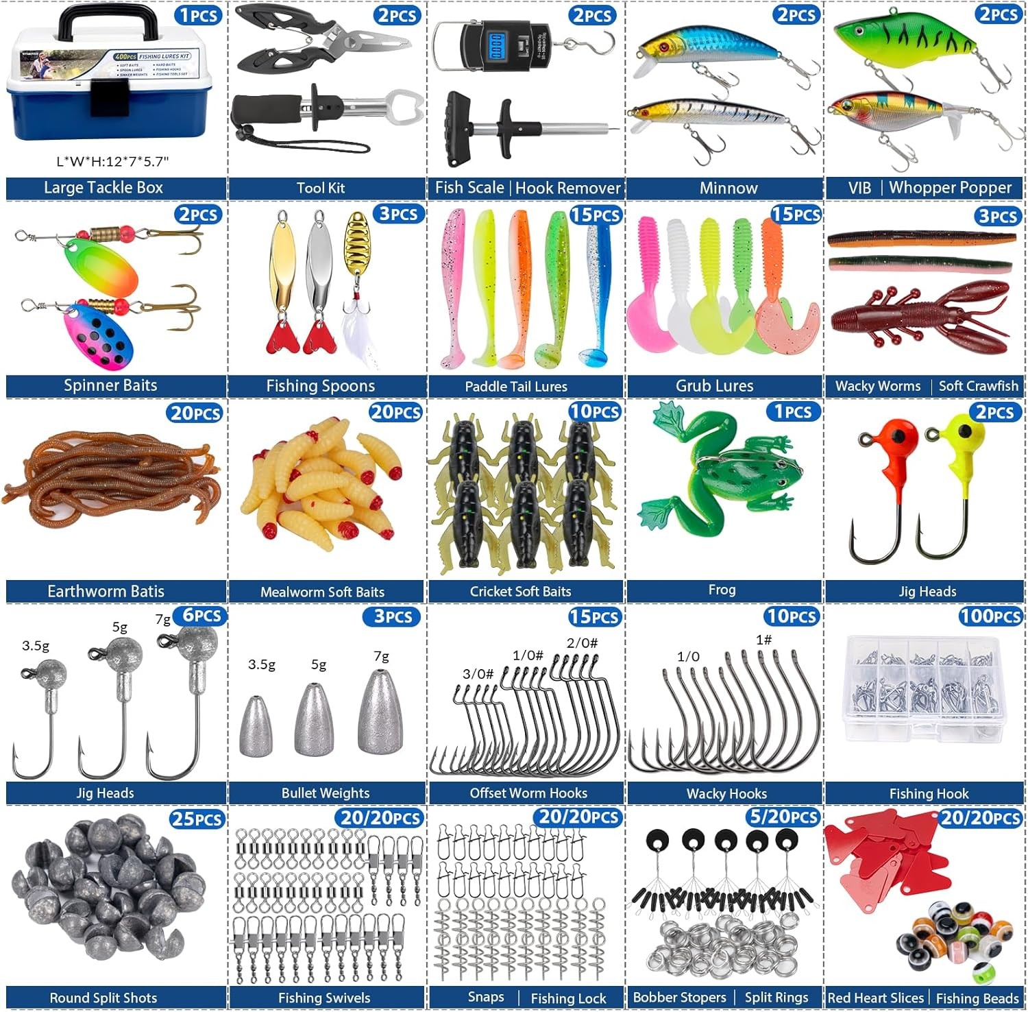 400PCS Set Fishing Tackle Box Full loaded Accessories Hooks Lures Baits Worms US