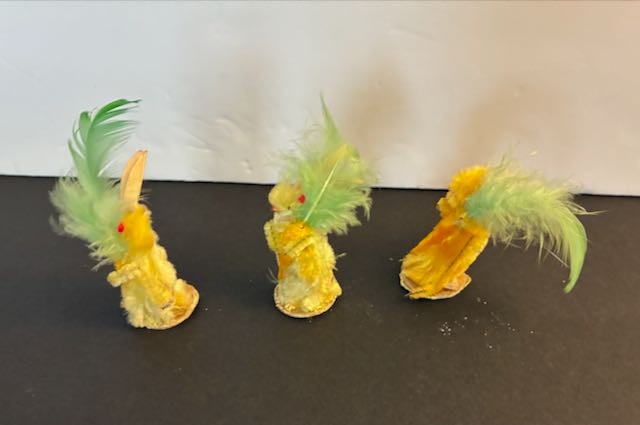 Vintage Set of 3 Chenille Yellow Easter Bunny Rabbits w/Carrot & Feathers Japan