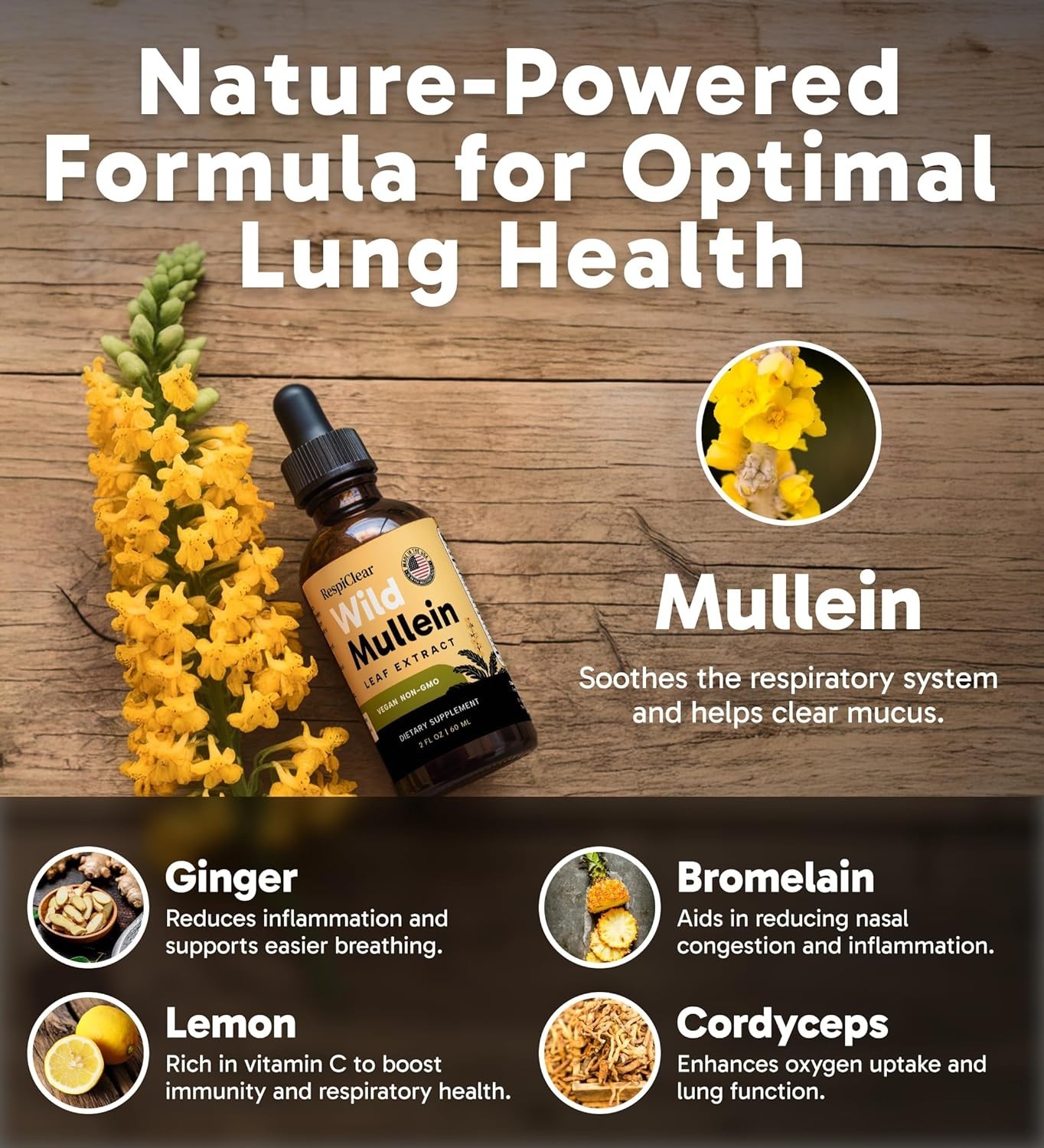 RESPICLEAR All-Natural Mullein Drops with Ginger & Lemon for Lung Cleanse and...