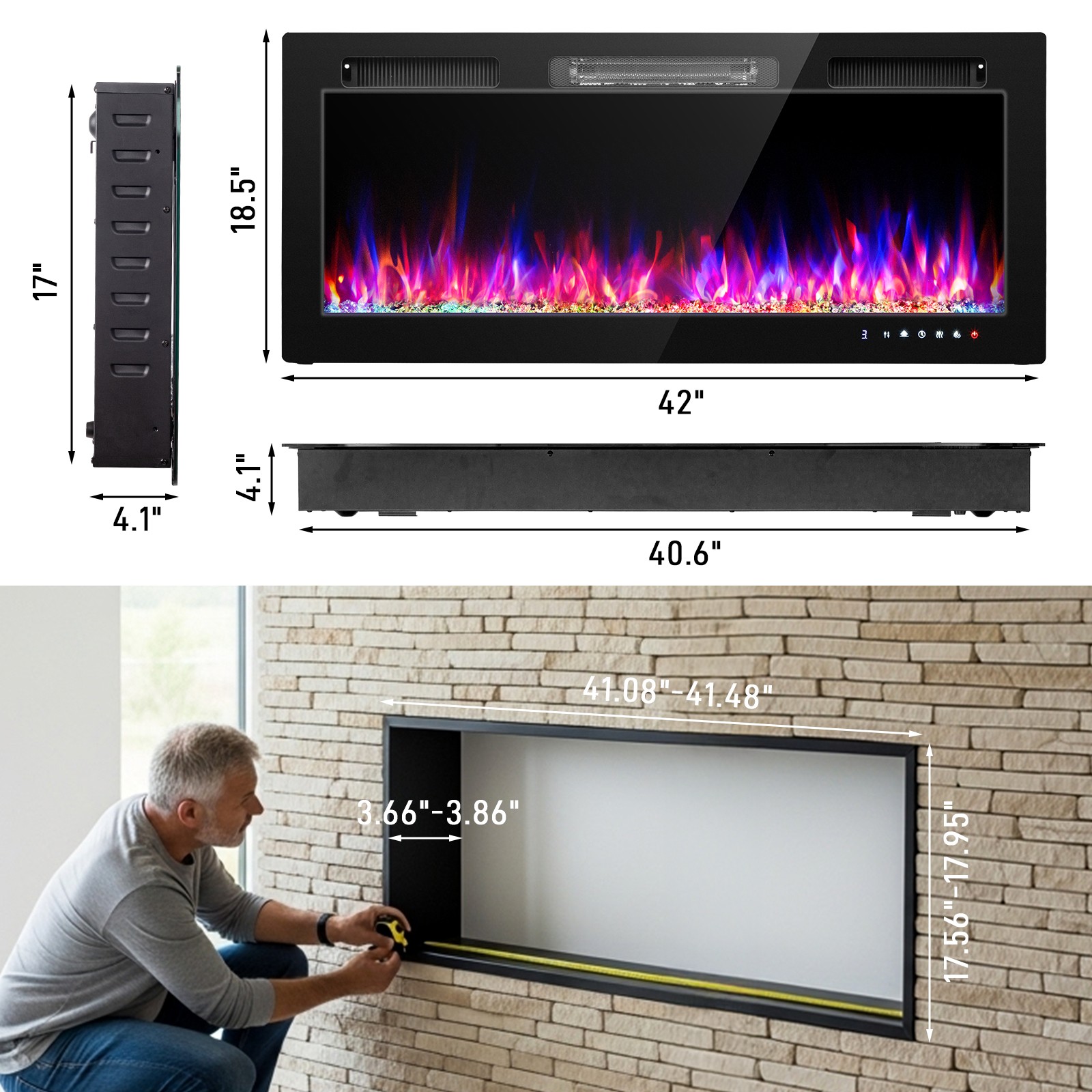 42" Ultra-Thin Electric Fireplace Wall Mounted&Recessed Heater W/ Remote Control