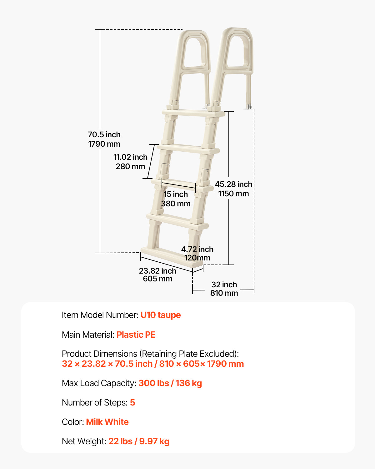 Inclined Pool Ladder 5-Step & 2 Handrails of 300 lb Capacity for 48-54 In Pools