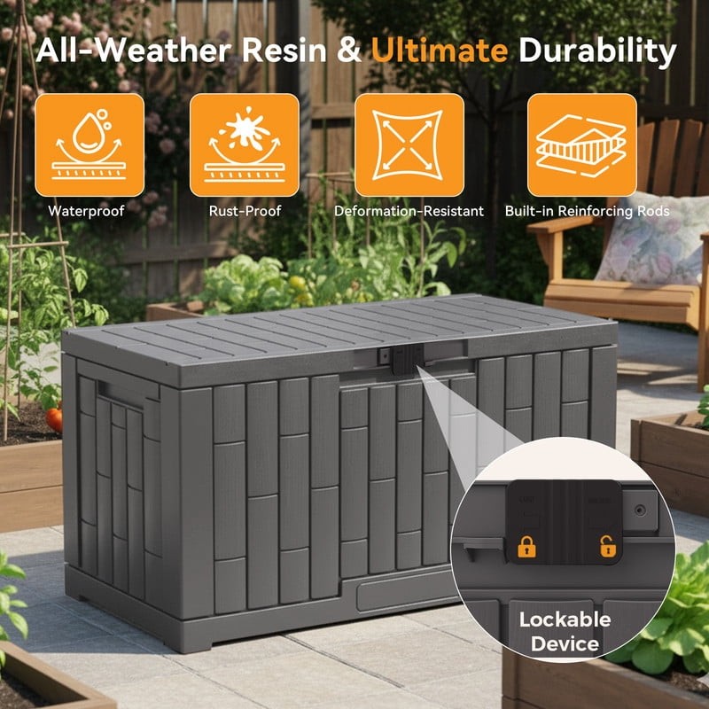 60 Gallon Deck Box, Lockable Resin Outdoor Storage Box with Hundles