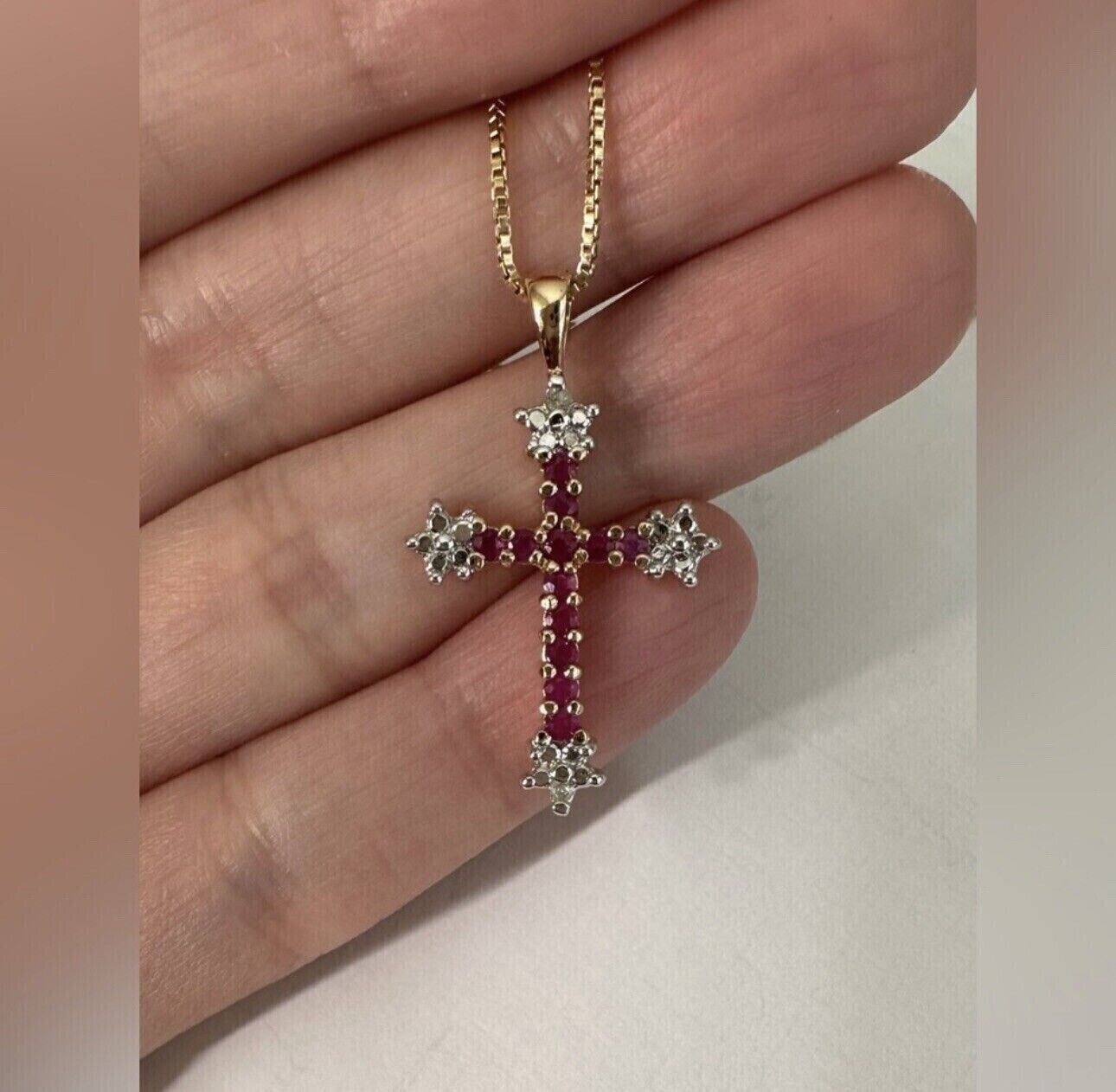 2Ct Round Cut Simulated Red Ruby Religious Cross Pendant 14K Yellow Gold Plated