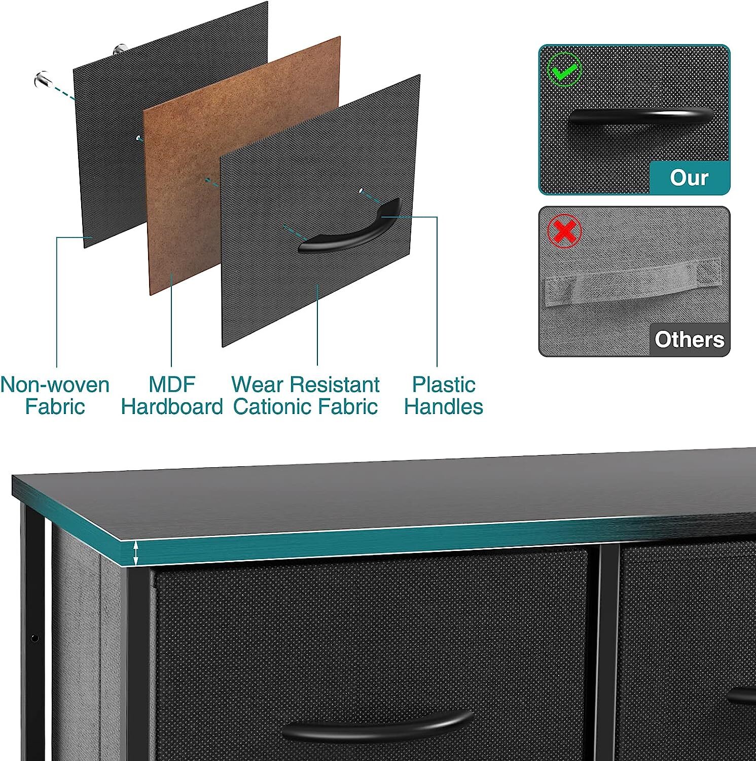 Black 5 Drawers Dresser for Bedroom Wood Top Organizer Fabric Storage Drawers