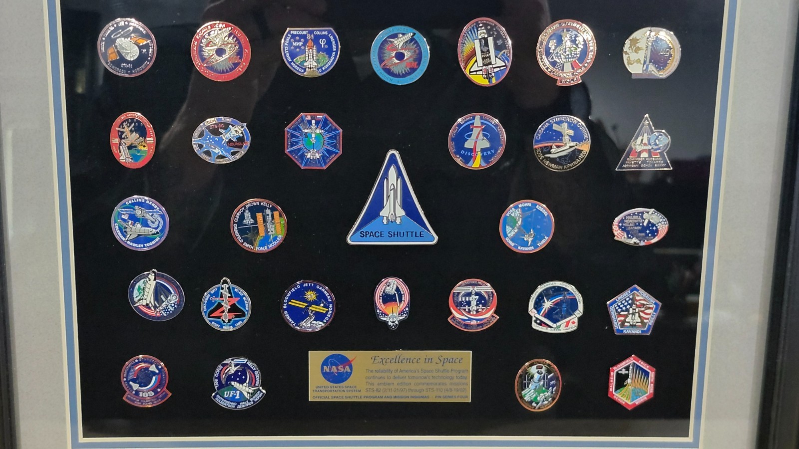 rare Winco framed collection of NASA "Excellance in Space" insignia pins