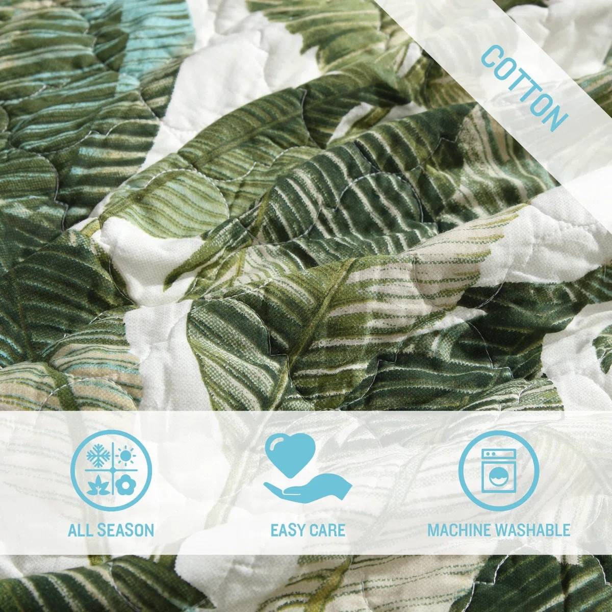 King Quilt Set Green Coastal Botanical Tropical Floral Bahama Exotic Leaves 3Pc