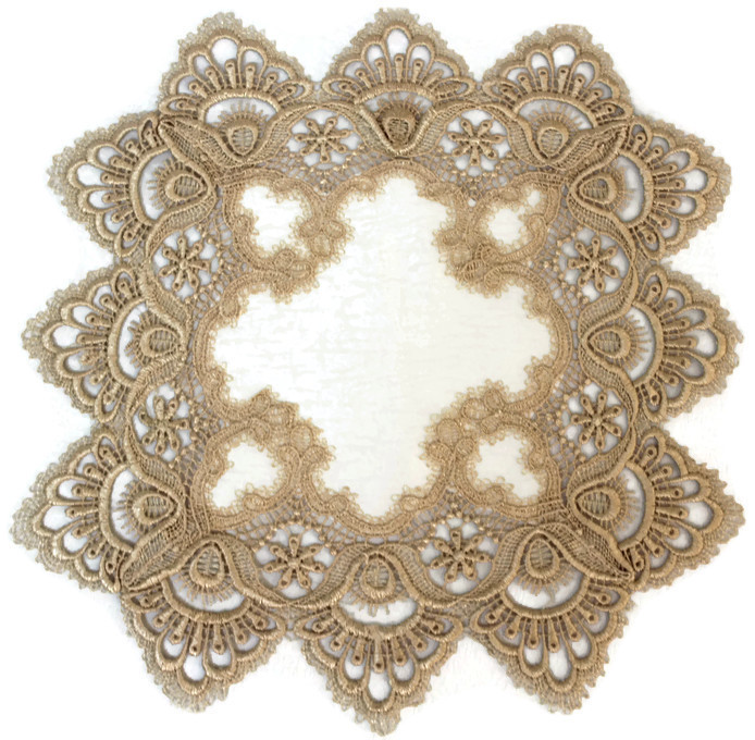Doily Boutique Table Runner or Doily with Gold Lace and Antique White Fabric