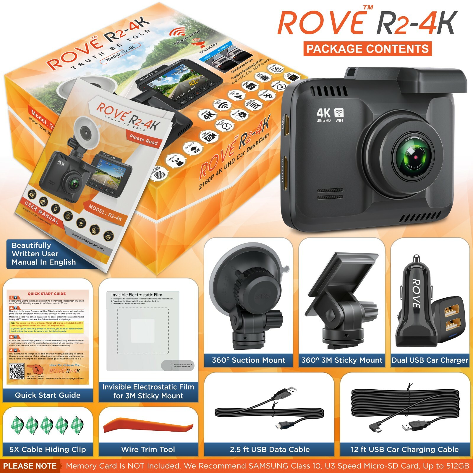 Rove R2-4K Car Dash Cam - 4K Ultra HD 2160P - Built-In WiFi & GPS, Parking Mode