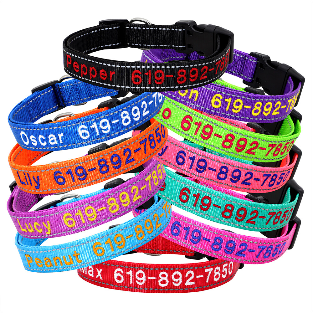 Custom Personalized Dog Collar Embroidered Pet ID Name Number Reflective Nylon
