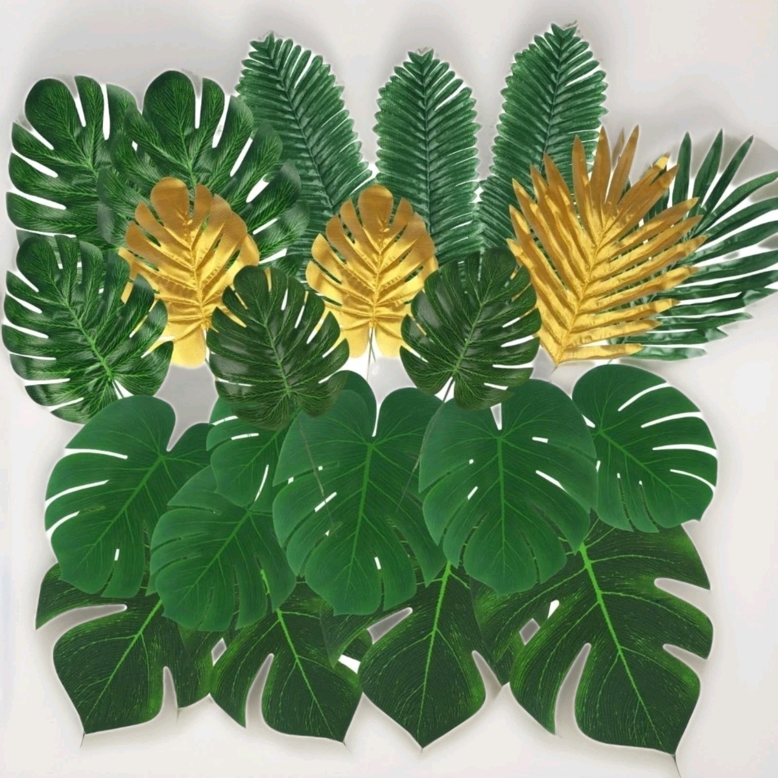 112 Pieces 10 Kinds Artificial Palm Leaves Golden Tropical Leaves with Stems Jun