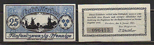 German NOTGELD NORDEN 25 Pfg 6-1-1921 UNC