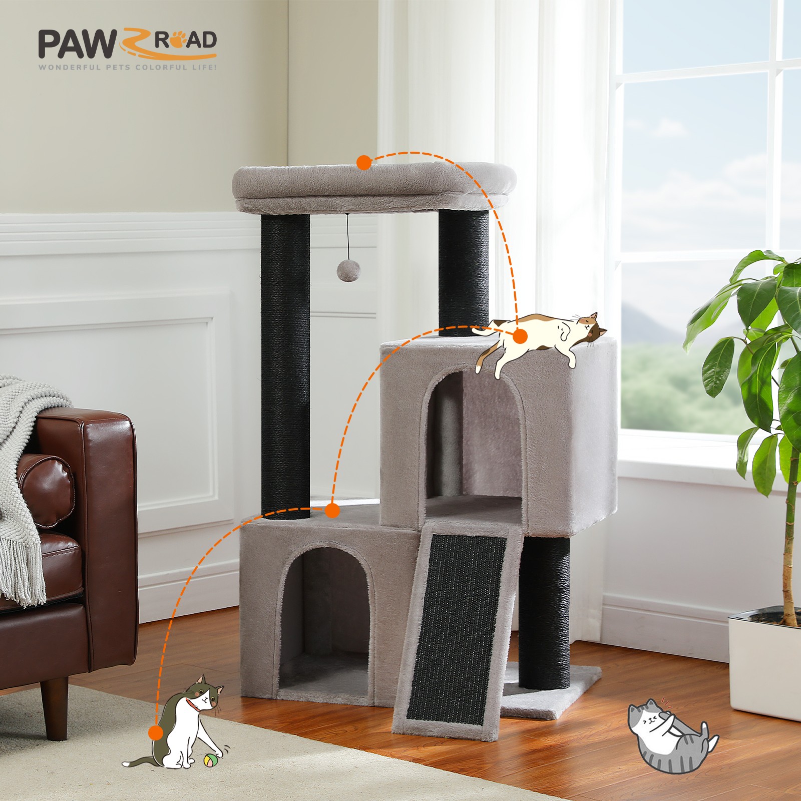 PAWZ Road Heavy Duty Cat Tree for Large Cats with 4.3" Thick Scratching Post Toy