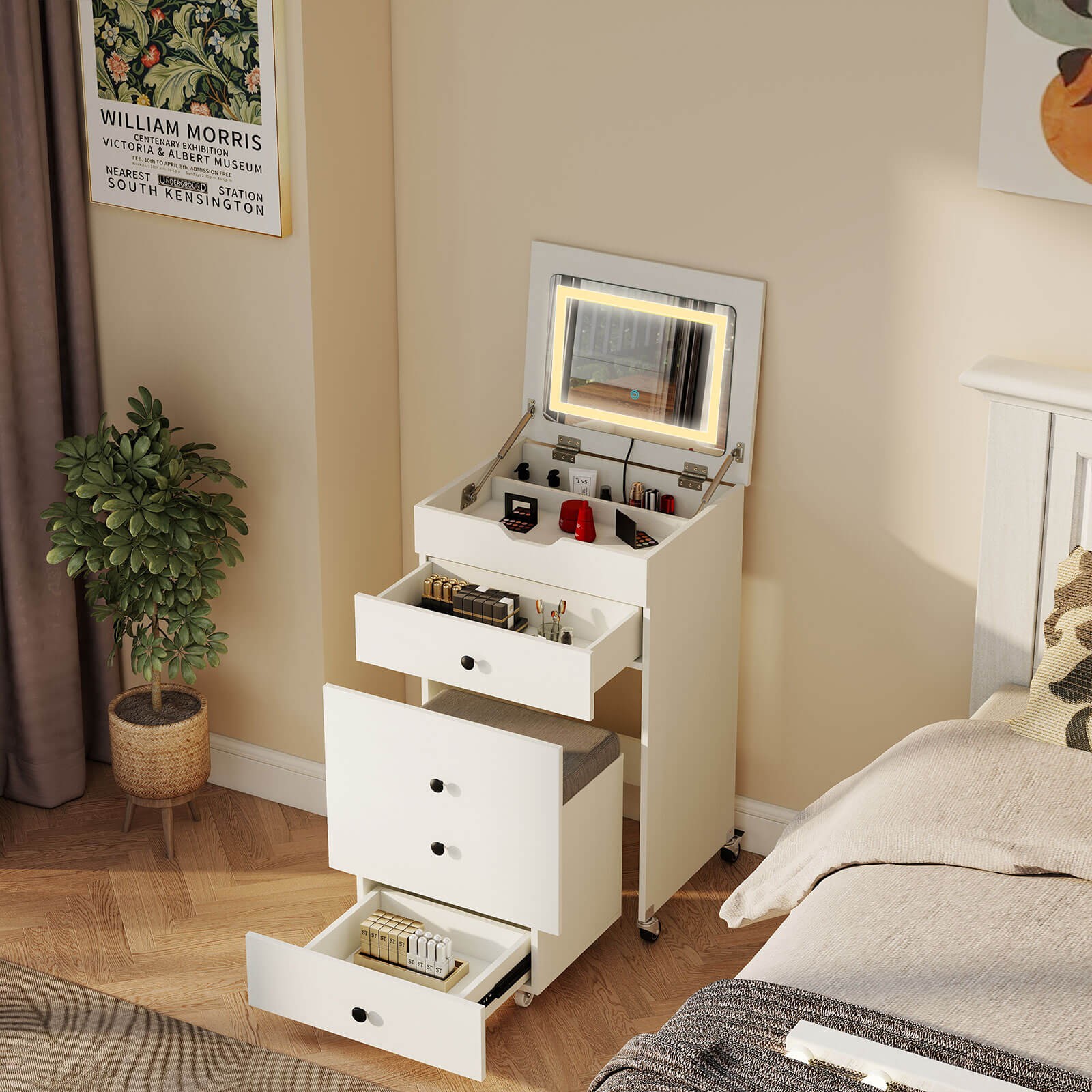 3-in-1 Small Vanity Desk Set w/Flip-top Mirror, Lights, Drawers, Storage Stool