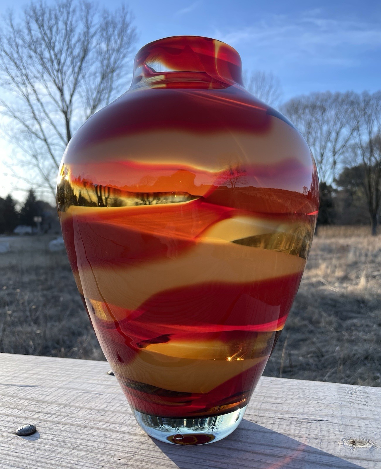 Waterford Evolution “Red Sea” Crystal Amphora Art Glass Vase, swirl design