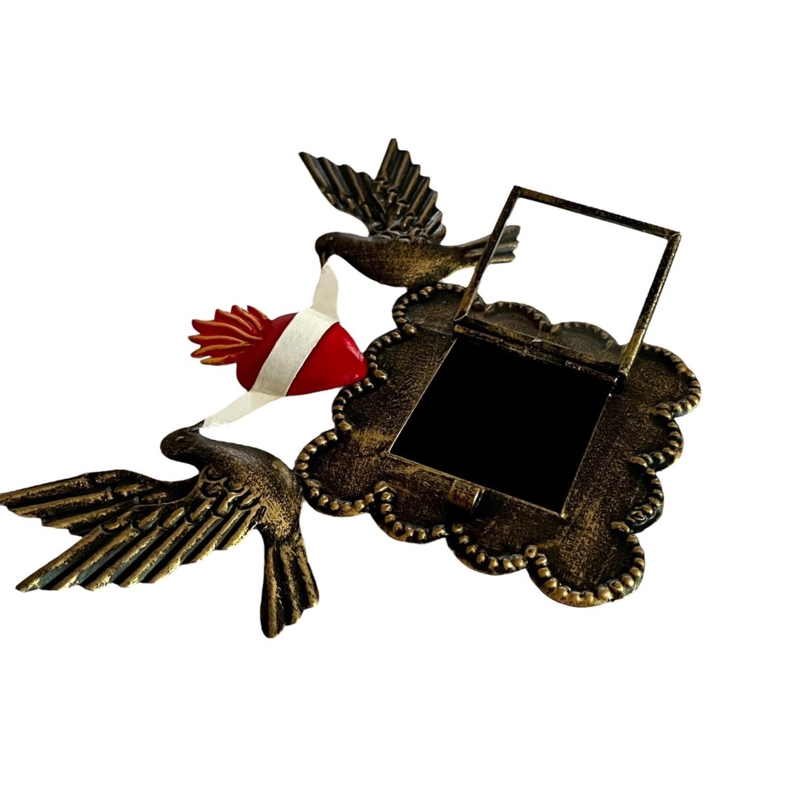 SACRED HEART Frame with Doves, Mexican Tin Heart Nicho, Shadowbow