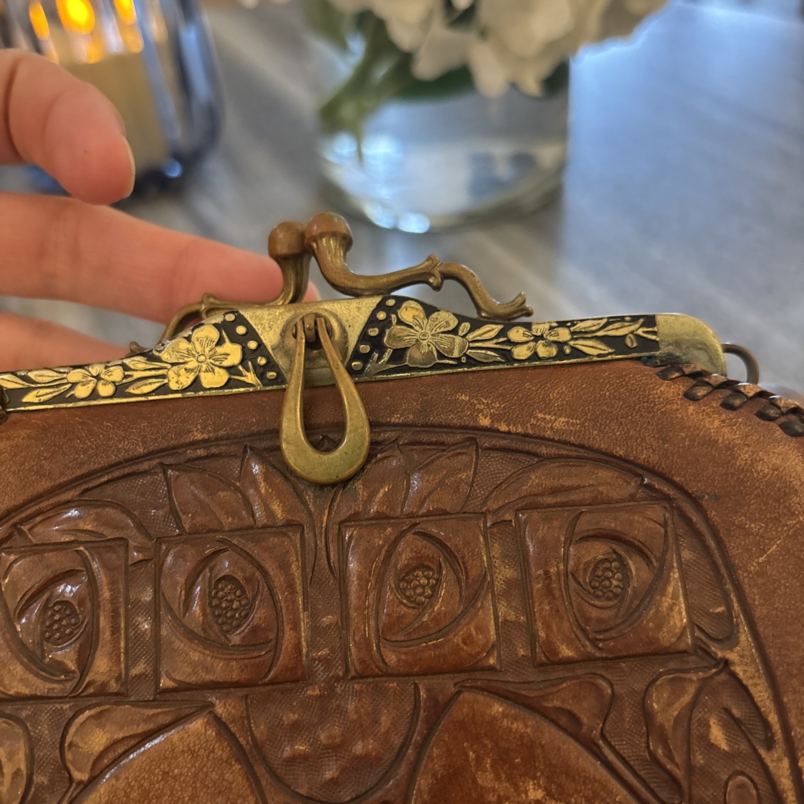 Antique TOOLED LEATHER PURSE Art Nouveau Stylized Lily Suede Inside