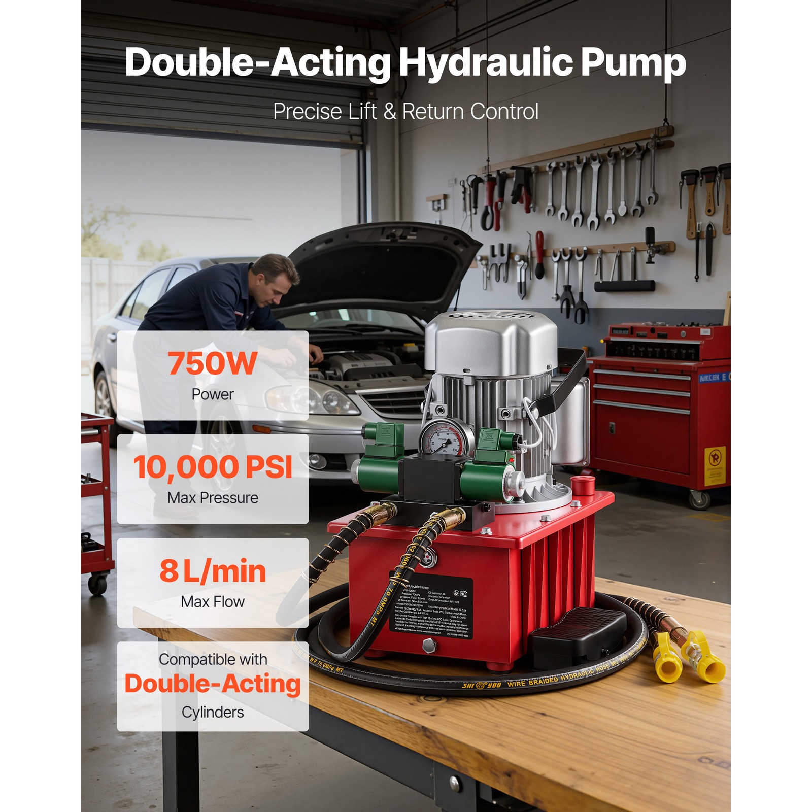 Uimoso Electric Hydraulic Pump 750W 10000 PSI Dual Acting Solenoid Valve Pedal