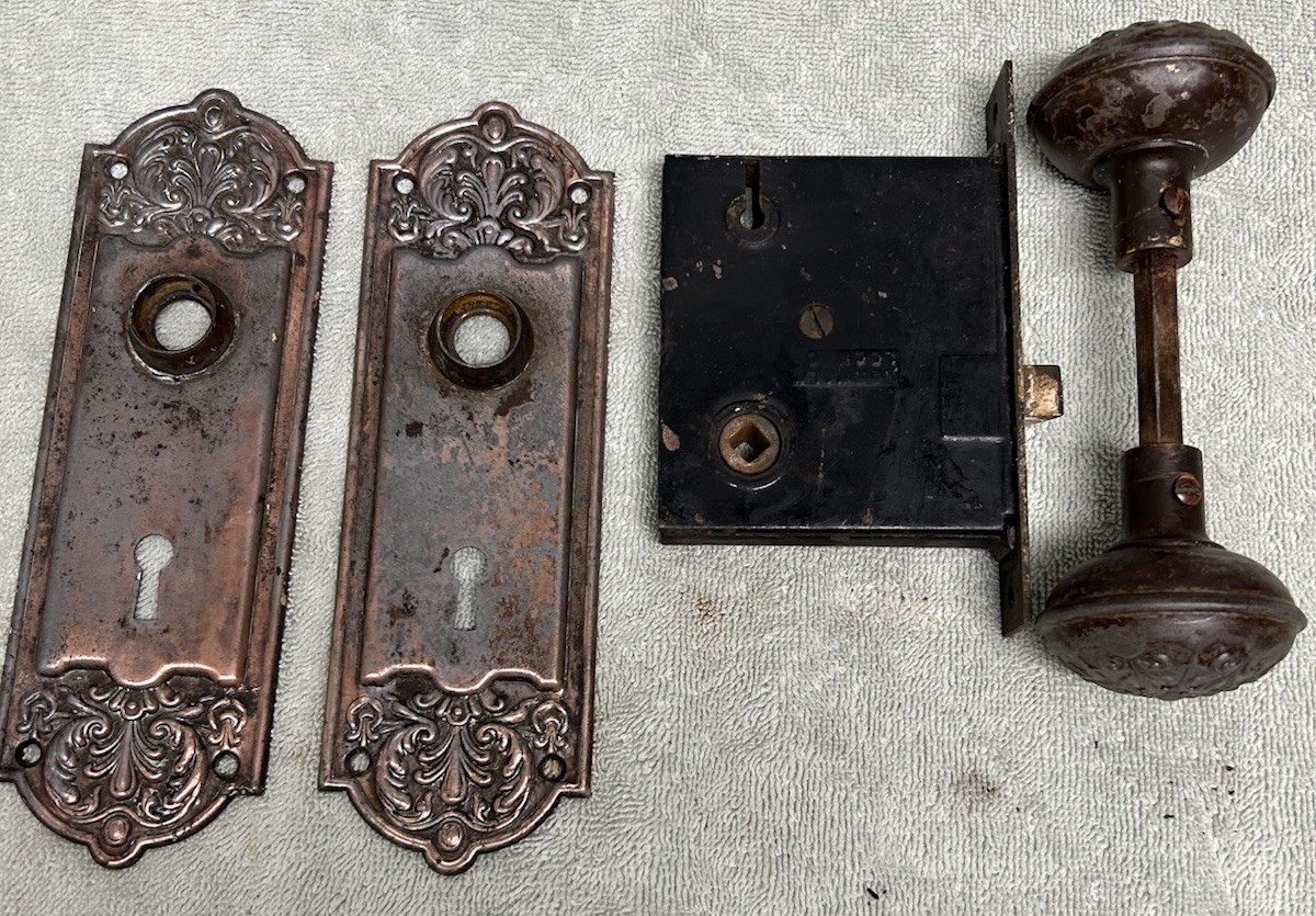 Antique Victorian Metal Door Knob Set With Mortise & Backplates
