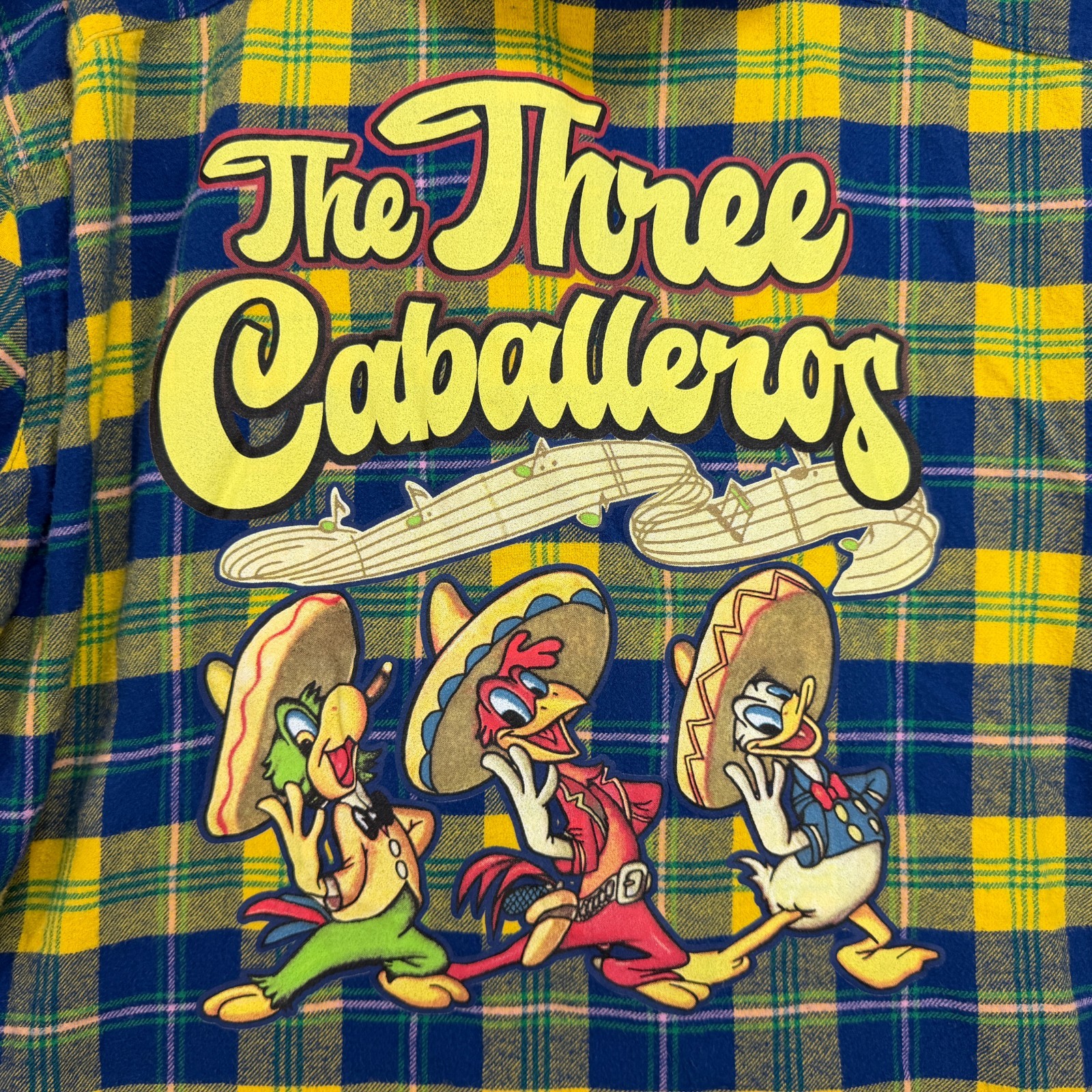Disney Parks The Three Caballeros Full Zip Hoodie Yellow Blue Plaid Size Large