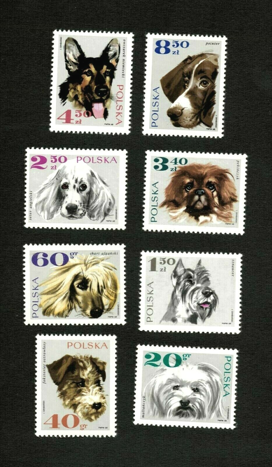 Poland 1969 - Dogs, Pointer, Schnauzer - Set of 8 Stamps - Scott #1636-43 - MNH