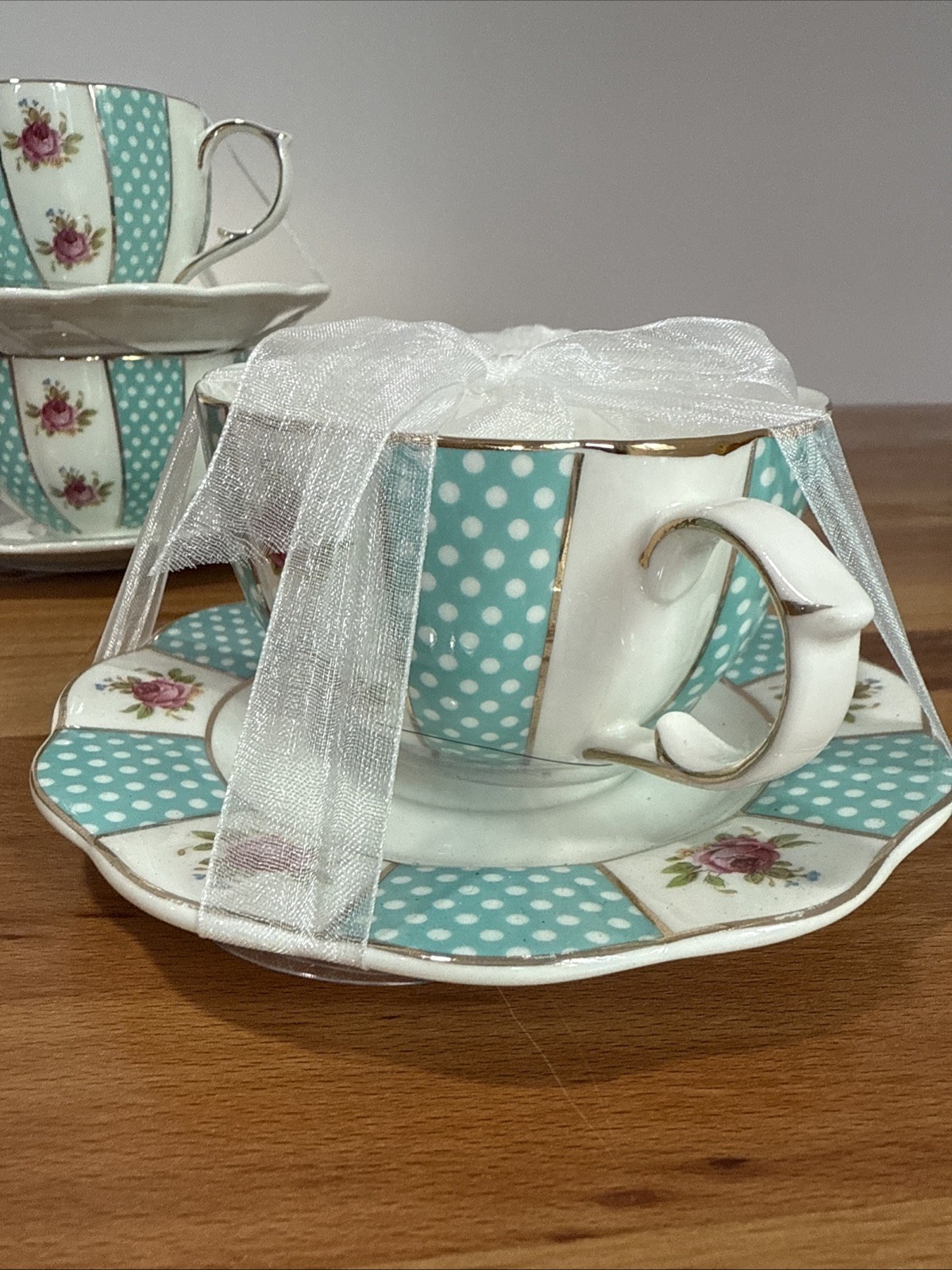 Elegance Porcelain Teal & White Teacup and Saucer With Gold & Flowers Set Of 4