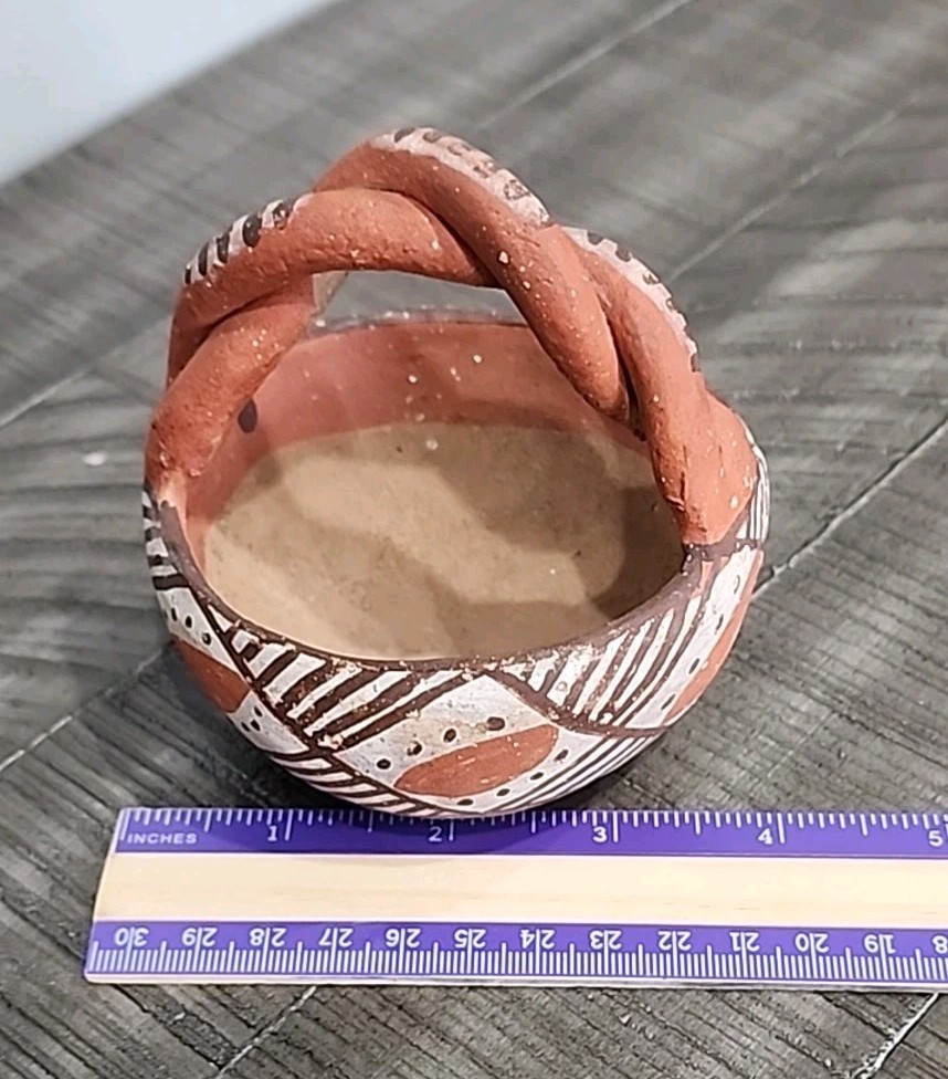 Isleta Pueblo Indian Pottery Bowl With Braided Handle