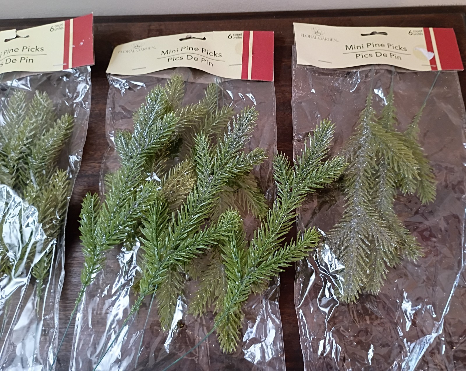 18 Pcs Mini Pine Picks, 9.5", Green Flocked & Glittery, Lot of 3 Packs Christmas