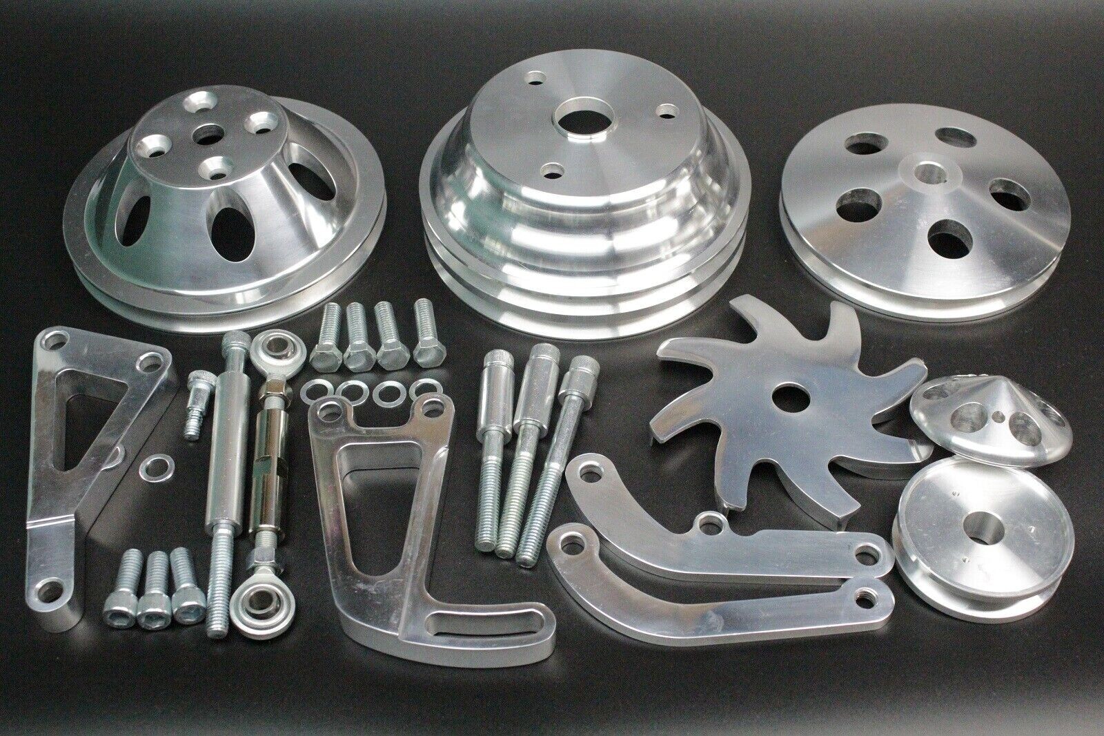 SBC SB Chevy Pulley & Bracket Kit w/ Power Steering Long Water Pump & Alternator