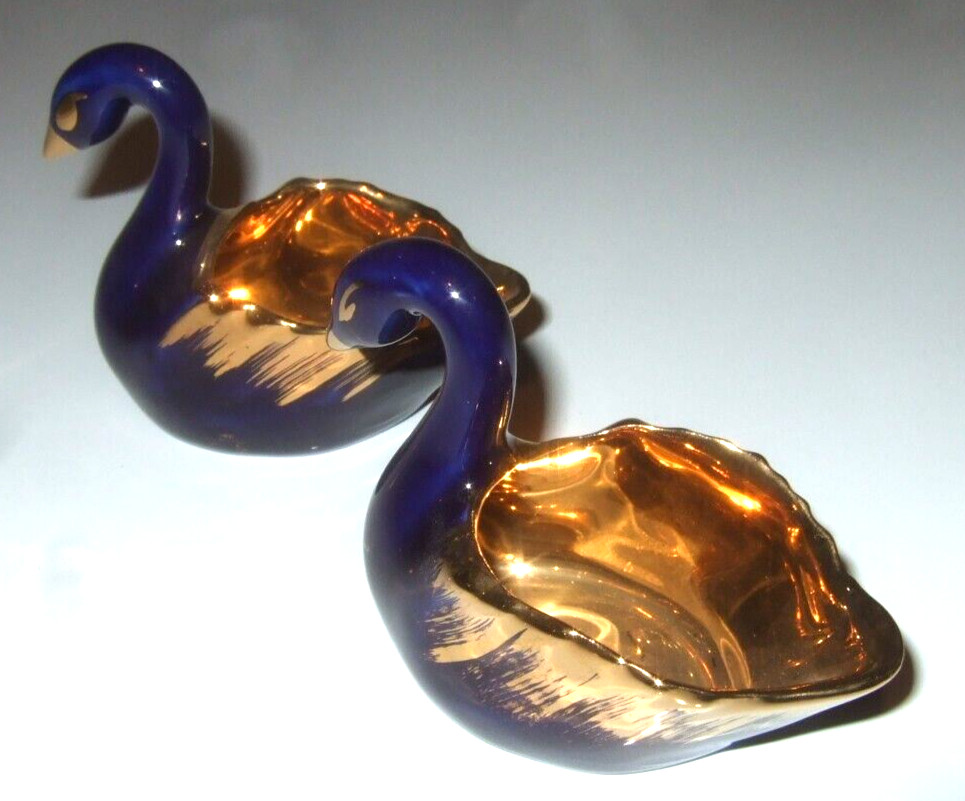 Limoges Swan Salt Dish Cobalt Blue and Gold Pair
